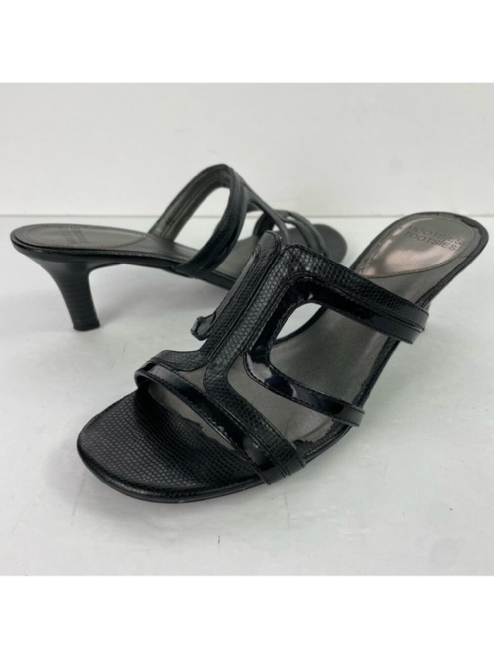 Mootsies Tootsies Black Snakeskin and Patent Leather Slide Heeled Sandals
